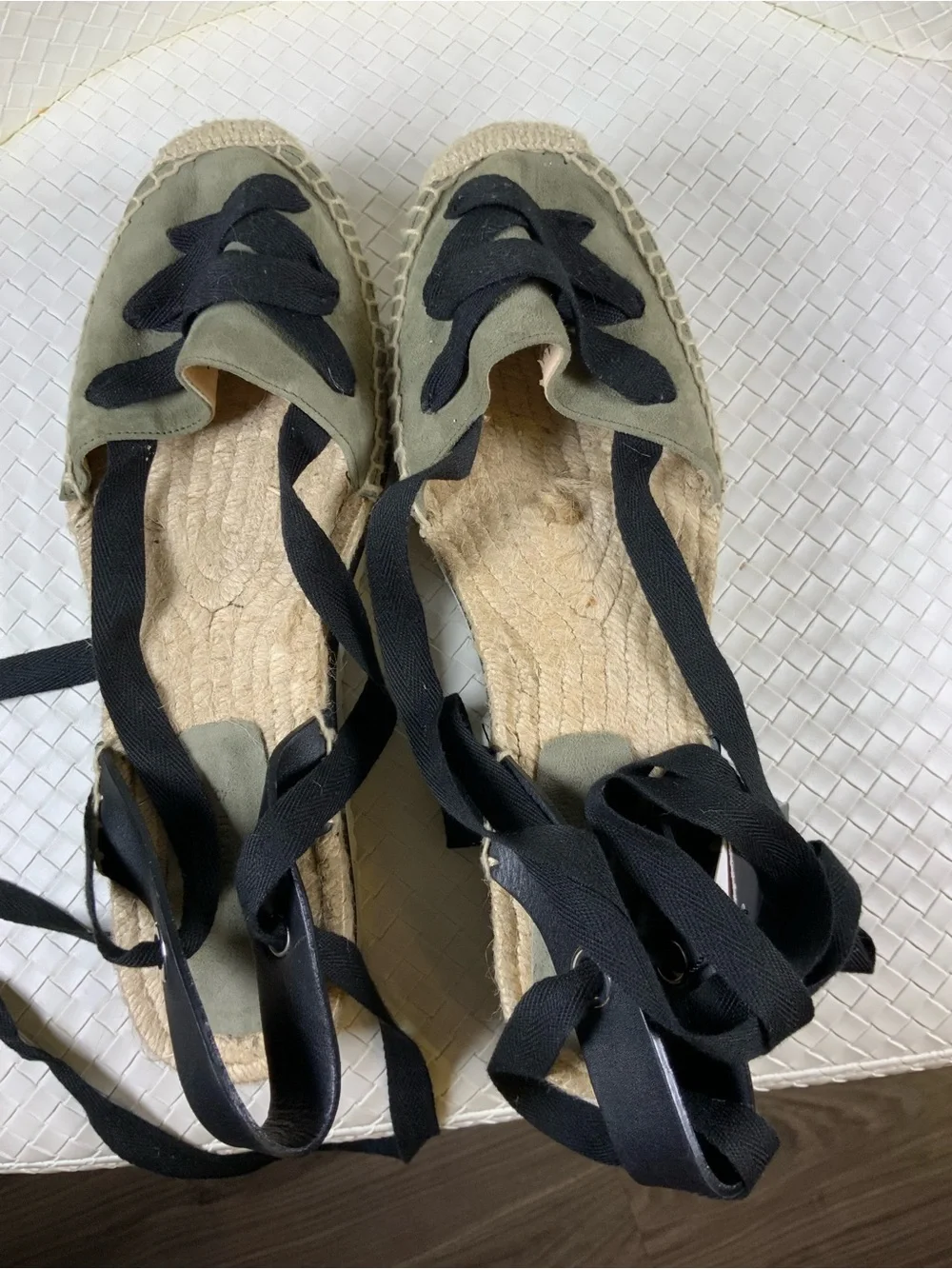 Zara Olive Espadrille Lace-Up Flats with Black Ribbons